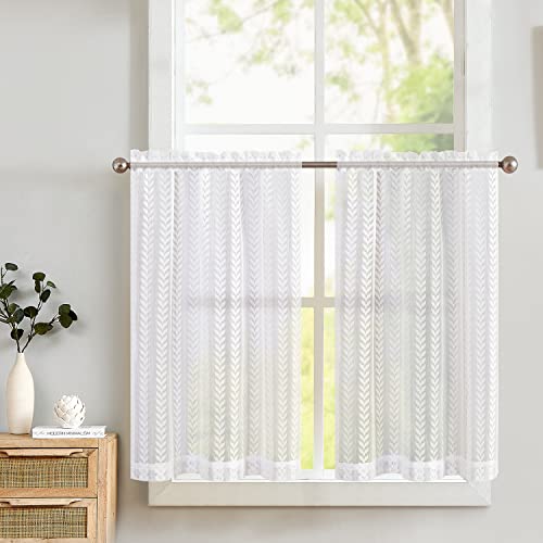 TOPICK Scheibengardinen Weiß mit Spitze Transparente Gardine Lace Bistrogardine Küche Kettenwirken Stores Halbtransparent Lichtdurchlässig Vorhänge Wohnzimmer für Klein Fenster 2er Set 63x90 cm von TOPICK