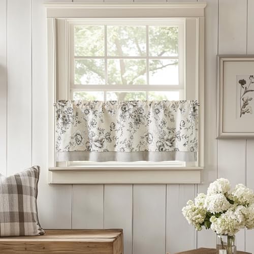 TOPICK Leinen Scheibengardinen Blickdicht Küchengardinen Frühling Landhausstil Gardinen Floral Verdunkelnd Vorhänge Kurz Bistrogardine Volant Wohnzimmer Fenster 1er Pack Schwarz auf Beige 45Bx125H(cm) von TOPICK