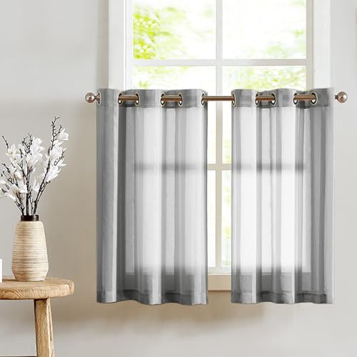 TOPICK Sheer Scheibengardinen mit Ösen Transparent Bistrogadine Landhaus Streifen Voile Küchenvorhang Gestreift Küchengardinen Paarig für Badezimmer Klein Fenster Dekor 90x60cm(BxH) Grau 2er Set von TOPICK