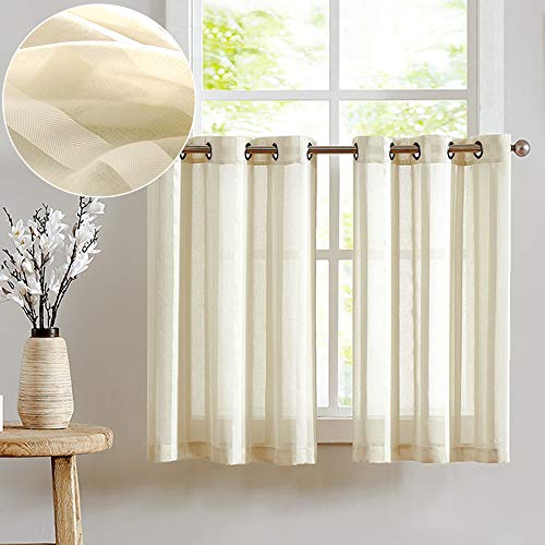 TOPICK Sheer Scheibengardinen mit Ösen Transparent Bistrogadine Landhaus Streifen Voile Küchenvorhang Gestreift Küchengardinen Paarig für Badezimmer Klein Fenster Dekor 90x60cm(BxH) Beige 2er Set von TOPICK