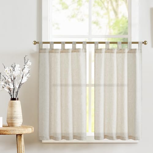 TOPICK Scheibengardinen Küche Beige Leinen Bistrogardine mit Schlaufen Küchengardinen für Balkontür Wohnwagen Landhausstil Bauernhaus Gardinen Kurz Halbtransparente 2er Set 65Bx60Hcm von TOPICK
