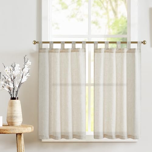 TOPICK Scheibengardinen mit Schlaufen Leinen Bistrogardine Halbtransparent Vorhang Sheer Gardine Schals Scheibengardine Fensterschal für Küche Wohnzimmer Landhaus 2er-Set 65Bx60H(cm) Roh von TOPICK