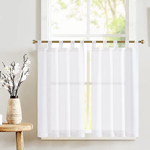 TOPICK Scheibengardinen Küche Weiß Leinen Bistrogardine mit Schlaufen Küchengardinen für Balkontür Wohnwagen Landhausstil Bauernhaus Gardinen Kurz Halbtransparente 2er Set 65Bx90Hcm von TOPICK