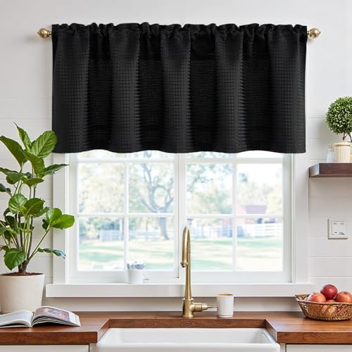 TOPICK Schwarz Scheibengardine für Küche Badezimmer Klein Fenster Landhausstil Gardine Kurz mit Waffel Muster Halbtransparent Bistrogardine mit Tunnelzug 1 Schal 150Bx45H cm von TOPICK