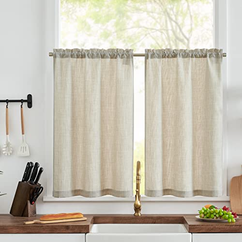 TOPICK Scheibengardine Bistrogardine Leinenoptik Fenstervorhang Gardine Gaze Schals Scheibengardinen Halbtransparent Fensterschal Küche Wohnzimmer Landhaus 2er-Set 63Bx60H(cm) Beige von TOPICK