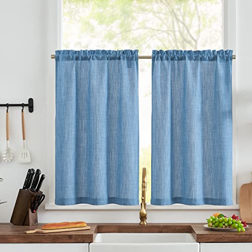 TOPICK Scheibengardine Bistrogardine Leinenoptik Fenstervorhang Gardine Gaze Schals Scheibengardinen Halbtransparent Fensterschal Küche Wohnzimmer Landhaus 2er-Set 63Bx90H(cm) Blau von TOPICK