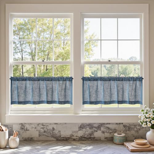 TOPICK Bistrogardine modern Scheibengardine Halbtransparent Kurz Gardine Küchevorhang Fensterschal Küchevorhänge für Küche Wohnzimmer Kleines Fenster Landhausstil 130cm x 40cm(BxH) 2 Stücke Blau von TOPICK