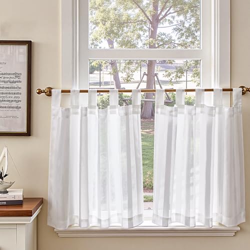 TOPICK Sheer Scheibengardinen 2er Set H 60 x B 90 (cm) Weiß mit Schlaufen Transparent Bistrogadine Landhaus Streifen Voile Küchenvorhang Gestreift Küchengardinen Paarig für Badezimmer Klein Fenster von TOPICK