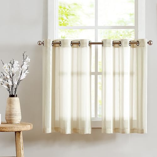 TOPICK Sheer Scheibengardinen mit Ösen Transparent Bistrogadine Landhaus Streifen Voile Küchenvorhang Gestreift Küchengardinen Paarig für Badezimmer Klein Fenster Dekor 90x115cm(BxH) Beige 2er Set von TOPICK