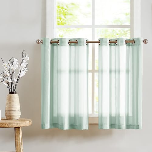 TOPICK Sheer Scheibengardinen mit Ösen Transparent Bistrogadine Landhaus Streifen Voile Küchenvorhang Gestreift Küchengardinen Paarig für Badezimmer Klein Fenster Dekor 90x115cm(BxH) Blaugrün 2er Set von TOPICK