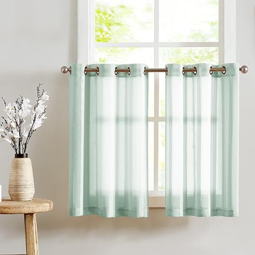 TOPICK Voile Scheibengardinen mit Ösen Transparent Bistrogardine Landhaus Streifen Küchenvorhang Gestreift Küchengardinen Paarig für Badezimmer Klein Fenster Dekor 90x115cm(BxH) Blaugrün 2er Set von TOPICK