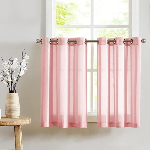 TOPICK Sheer Scheibengardinen mit Ösen Transparent Bistrogadine Landhaus Streifen Voile Küchenvorhang Gestreift Küchengardinen Paarig für Badezimmer Klein Fenster Dekor 90x115cm(BxH) Rosa 2er Set von TOPICK