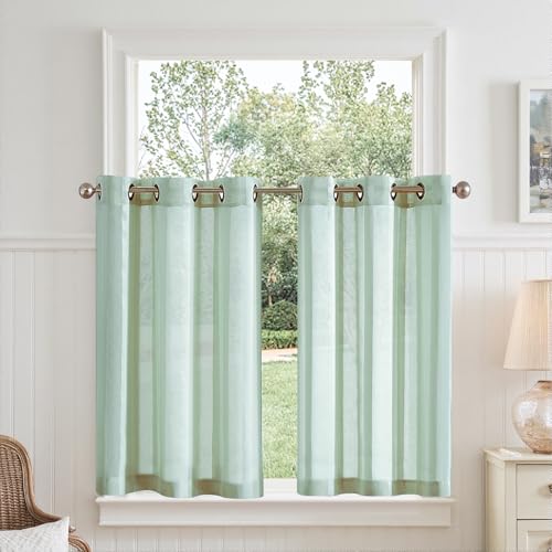 TOPICK Voile Scheibengardinen mit Ösen Transparent Bistrogardine Landhaus Streifen Voile Küchenvorhang Gestreift Küchengardinen Paarig für Badezimmer Klein Fenster Dekor 90x60cm(BxH) Blaugrün 2er Set von TOPICK