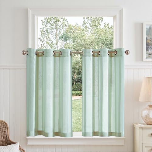 TOPICK Sheer Scheibengardinen mit Ösen Transparent Bistrogadine Landhaus Streifen Voile Küchenvorhang Gestreift Küchengardinen Paarig für Badezimmer Klein Fenster Dekor 90x60cm(BxH) Blaugrün 2er Set von TOPICK