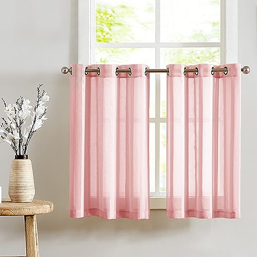 TOPICK Sheer Scheibengardinen mit Ösen Transparent Bistrogadine Landhaus Streifen Voile Küchenvorhang Gestreift Küchengardinen Paarig für Badezimmer Klein Fenster Dekor 90x60cm(BxH) Rosa 2er Set von TOPICK