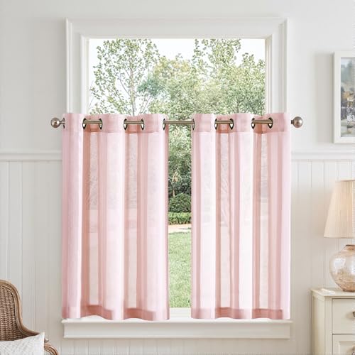 TOPICK Voile Scheibengardinen H 90 x B 90 (cm) 2er Set mit Ösen Transparent Bistrogardine Landhaus Streifen Küchenvorhang Gestreift Küchengardinen Paarig für Badezimmer Klein Fenster Dekor Rosa von TOPICK