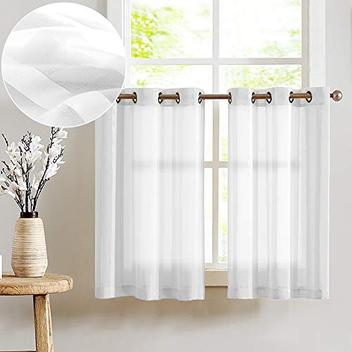 TOPICK Sheer Scheibengardinen mit Ösen Transparent Bistrogadine Landhaus Streifen Voile Küchenvorhang Gestreift Küchengardinen Paarig für Badezimmer Klein Fenster Dekor 90x90cm(BxH) Weiß 2er Set von TOPICK