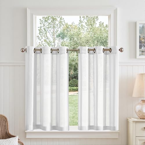 TOPICK Voile Scheibengardinen H 90 x B 90 (cm) 2er Set mit Ösen Transparent Bistrogardine Landhaus Streifen Küchenvorhang Gestreift Küchengardinen Paarig für Badezimmer Klein Fenster Dekor Weiß von TOPICK