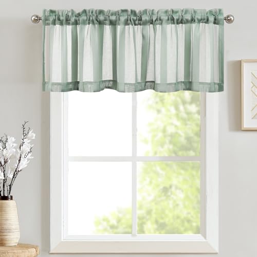 TOPICK Sheer Scheibengardinen mit Tunnelzug Transparent Bistrogadine Landhaus Streifen Voile Küchenvorhang Gestreift Küchengardinen Paarig für Badezimmer Klein Fenster 130cm x 35cm(BxH) Blaugrün von TOPICK