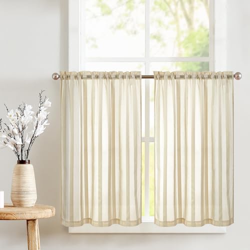 TOPICK Sheer Scheibengardinen mit Tunnelzug Transparent Bistrogadine Landhaus Streifen Voile Küchenvorhang Gestreift Küchengardinen Paarig für Badezimmer Klein Fenster 90x115cm(BxH) Beige 2er Set von TOPICK