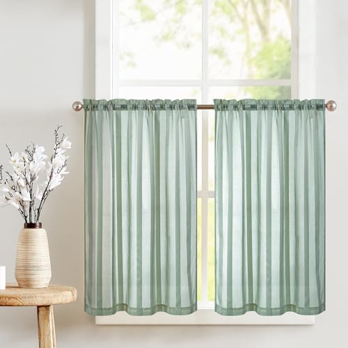 TOPICK Sheer Scheibengardinen mit Tunnelzug Transparent Bistrogadine Landhaus Voile Küchenvorhang Gestreift Küchengardinen Paarig für Badezimmer Klein Fenster H 60 x B 90 (cm) Blaugrün 2er Set von TOPICK