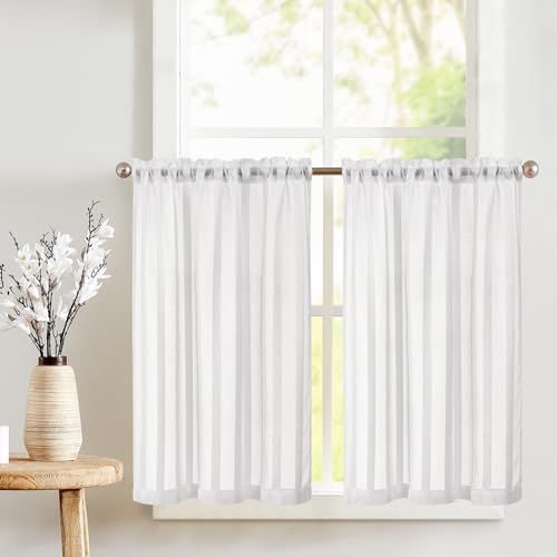 TOPICK Sheer Scheibengardinen mit Tunnelzug Transparent Bistrogadine Landhaus Streifen Voile Küchenvorhang Gestreift Küchengardinen Paarig für Badezimmer Klein Fenster 90x60cm(BxH) Weiß 2er Set von TOPICK