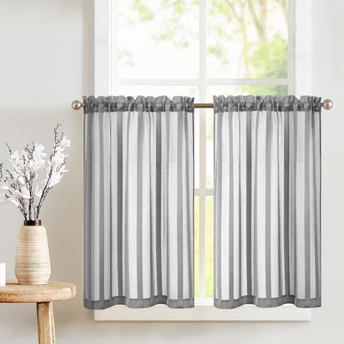 TOPICK Sheer Scheibengardinen mit Tunnelzug Transparent Bistrogadine Landhaus Streifen Voile Küchenvorhang Gestreift Küchengardinen Paarig für Badezimmer Klein Fenster 90x90cm(BxH) Grau 2er Set von TOPICK