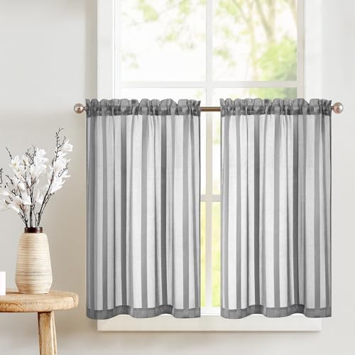 TOPICK Sheer Scheibengardinen Grau H 90 x B 90 (cm) 2er Set mit Tunnelzug Transparent Bistrogadine Landhaus Streifen Voile Küchenvorhang Gestreift Küchengardinen Paarig für Badezimmer Klein Fenster von TOPICK