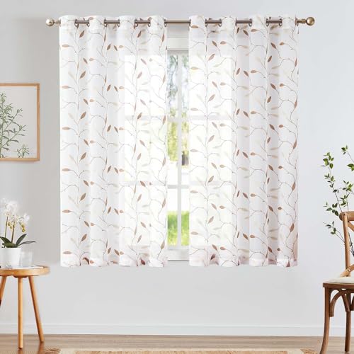 TOPICK Sheer Vorhang Voile Gardinen mit Ösen Blätter Stickerei Transparent Ösenschal Gaze Paarig Ösenschals Blatt für Wohnzimmer Schlafzimmer Stores Gardinen Dekor 2er Set Gold auf Weiß 140x175 cm von TOPICK