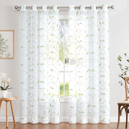 TOPICK Sheer Vorhang Voile Gardinen mit Ösen Blätter Stickerei Transparent Ösenschal Gaze Paarig Ösenschals Blatt für Wohnzimmer Schlafzimmer Stores 2er Set Grün auf Weiß H245 x B140(cm) von TOPICK