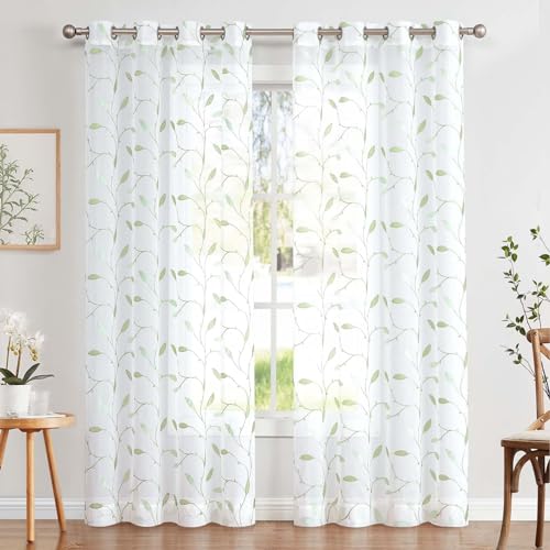 TOPICK Sheer Vorhang Voile Gardinen mit Ösen Blätter Stickerei Transparent Ösenschal Gaze Paarig Ösenschals Blatt für Wohnzimmer Schlafzimmer Stores Gardinen Dekor 2er Set Grün auf Weiß 140x245 cm von TOPICK