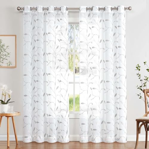 TOPICK Sheer Vorhang Voile Gardinen mit Ösen Blätter Stickerei Transparent Ösenschal Gaze Paarig Ösenschals Blatt für Wohnzimmer Schlafzimmer Stores Gardinen Dekor 2er Set Grau auf Weiß 140x245 cm von TOPICK