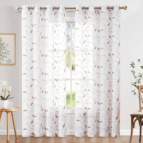 TOPICK Sheer Vorhang Voile Gardinen mit Ösen Blätter Stickerei Transparent Ösenschal Gaze Paarig Ösenschals Blatt für Wohnzimmer Schlafzimmer Stores Gardinen Dekor 2er Set Gold auf Weiß 140x225 cm von TOPICK