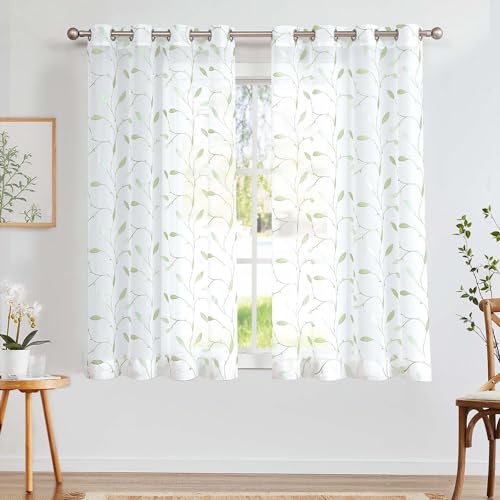 TOPICK Sheer Vorhang Voile Gardinen mit Ösen Blätter Stickerei Transparent Ösenschal Gaze Paarig Ösenschals Blatt für Wohnzimmer Schlafzimmer Stores Gardinen Dekor 2er Set Grün auf Weiß 140x145 cm von TOPICK