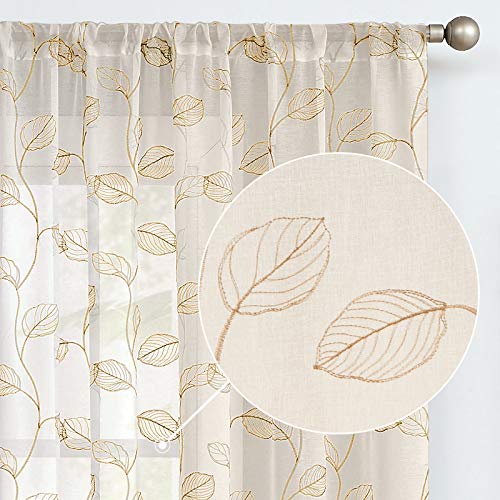 TOPICK Sheer Vorhang Voile Stangedurchzug Blätter Stickerei Gardine Transparent Beige Blatt Vorhänge Gaze Paarig für Wohnzimmer Schlafzimmer 140Bx145H(cm) 2er Set von TOPICK