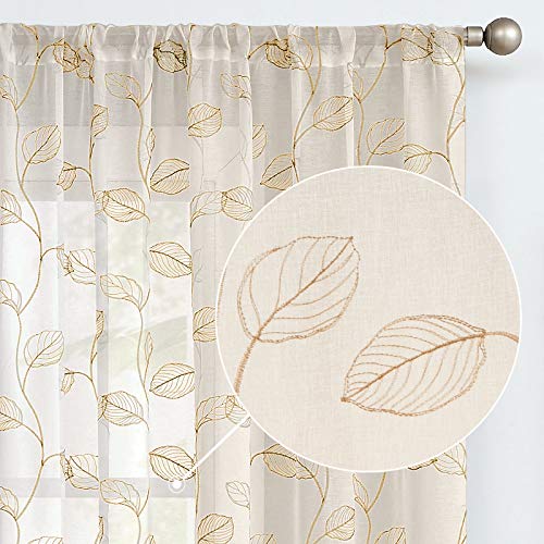 TOPICK Sheer Vorhang Voile Stangedurchzug Blätter Stickerei Gardine Transparent Beige Blatt Vorhänge Gaze Paarig für Wohnzimmer Schlafzimmer 140Bx225H(cm) 2er Set von TOPICK