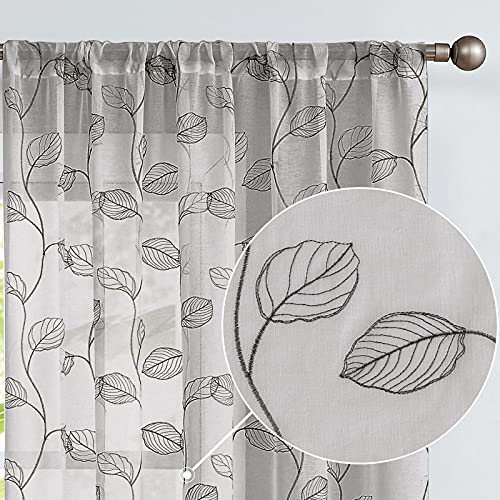 TOPICK Sheer Vorhang Voile Stangedurchzug Blätter Stickerei Gardine Transparent Grau Blatt Vorhänge Gaze Paarig für Wohnzimmer Schlafzimmer 140Bx145H(cm) 2er Set von TOPICK