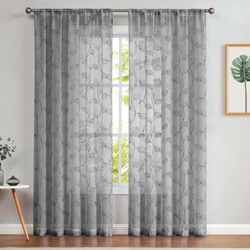 TOPICK Sheer Vorhang Voile Stangedurchzug Blätter Stickerei Gardine Transparent Grau Blatt Vorhänge Gaze Paarig für Wohnzimmer Schlafzimmer H225xB140(cm) 2er Set von TOPICK