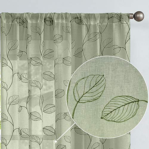 TOPICK Sheer Vorhang Voile Stangedurchzug Blätter Stickerei Gardine Transparent Grün Blatt Vorhänge Gaze Paarig für Wohnzimmer Schlafzimmer 140Bx175H(cm) 2er Set von TOPICK