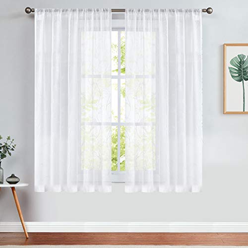 TOPICK Sheer Vorhang Voile Stangedurchzug Blätter Stickerei Gardine Transparent Weiß Blatt Vorhänge Gaze Paarig für Wohnzimmer Schlafzimmer H145xB140(cm) 2er Set von TOPICK