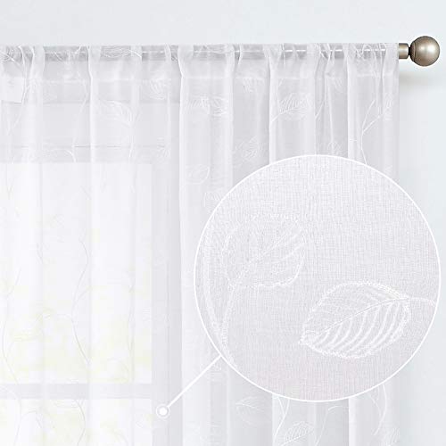 TOPICK Sheer Vorhang Voile Stangedurchzug Blätter Stickerei Gardine Transparent Weiß Blatt Vorhänge Gaze Paarig für Wohnzimmer Schlafzimmer 140Bx175H(cm) 2er Set von TOPICK