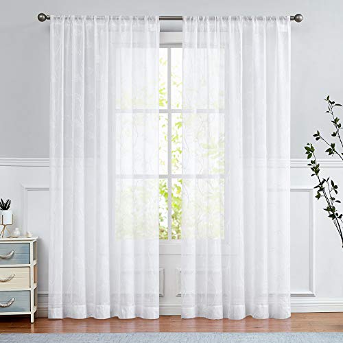 TOPICK Sheer Vorhang Voile Stangedurchzug Blätter Stickerei Gardine Transparent Weiß Blatt Vorhänge Gaze Paarig für Wohnzimmer Schlafzimmer 140Bx225H(cm) 2er Set von TOPICK