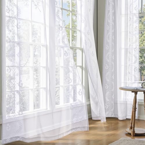 TOPICK Stores Gardinen 2er Set H 145 x B 140 (cm) mit ösen Bestickte Voile Vorhänge, Durchsichtig Transparent Fenstervorhang für Wohnzimmer Schlafzimmer Balkon Modern Landhausstil Geblümt Weiß von TOPICK