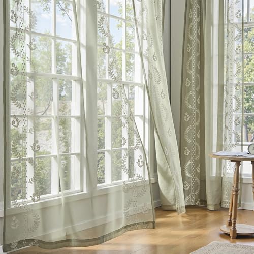 TOPICK Stores Gardinen 2er Set H 245 x B 140 (cm) mit ösen Bestickte Voile Vorhänge, Durchsichtig Transparent Fenstervorhang für Wohnzimmer Schlafzimmer Balkon Modern Landhausstil Geblümt Grün von TOPICK