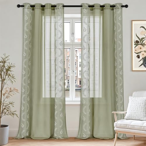 TOPICK Stores Gardinen 2er Set H 245 x B 140 (cm) mit ösen Bestickte Voile Vorhänge, Durchsichtig Transparent Fenstervorhang für Wohnzimmer Schlafzimmer Balkon Modern Landhausstil Geblümt Grün von TOPICK