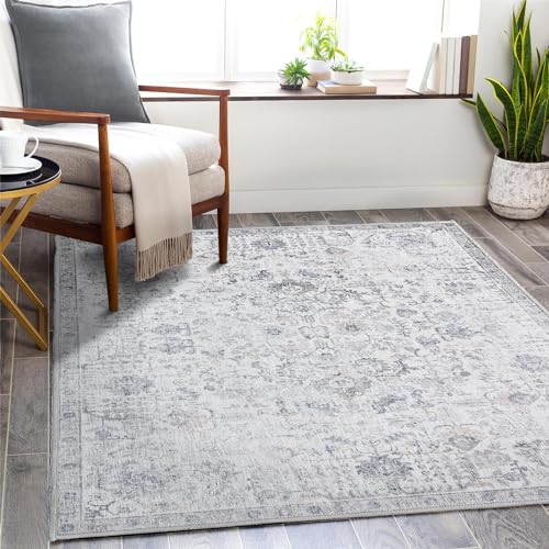 TOPICK Teppich Kurzflor 150x210cm Grau Chenille Vintage Faltbar Suppedünner Waschbar Retro Teppiche Blumen Boho rutschfeste für Innenbereich Küche Wohnzimmer Schlafzimmer Kinderzimmer von TOPICK