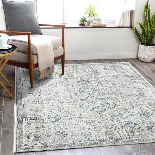 TOPICK Teppich 183x274cm Chenille Vintage Blau Teppich Innentür Faltbar Dünne Teppich Retro Teppichläufer Mehrfarbiger Druck Land Boho Teppich rutschfeste Küche Schlafzimmer Wohnzimmer Esszimmer von TOPICK