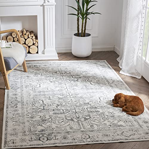 TOPICK Teppich 240x300cm Grau Wohnzimmer Vintage Faltbar Dünner Waschbar Teppichläufer Blumendruck Rutschfester Leichter Küche Badezimmer Eingangsmatte von TOPICK