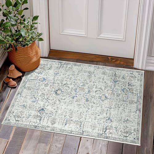 TOPICK Teppich Fußmatte 60x90cm Kurzflor Türmatte Vintage Innenbereich Faltbar Dünner Waschbar Retro Distressed Teppich Blau Multi Blumen Print Land Boho Teppich rutschfeste Küche Schlafzimmer von TOPICK