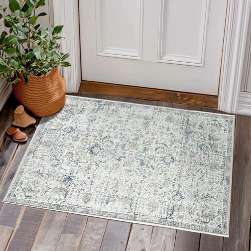 TOPICK Fußmatte 60x90cm Blau Kurzflor Türmatte Vintage Faltbar Dünner Waschbar Retro Fussmatte Multi Blumen Boho Innenbereich Teppich rutschfeste Küche Schlafzimmer von TOPICK